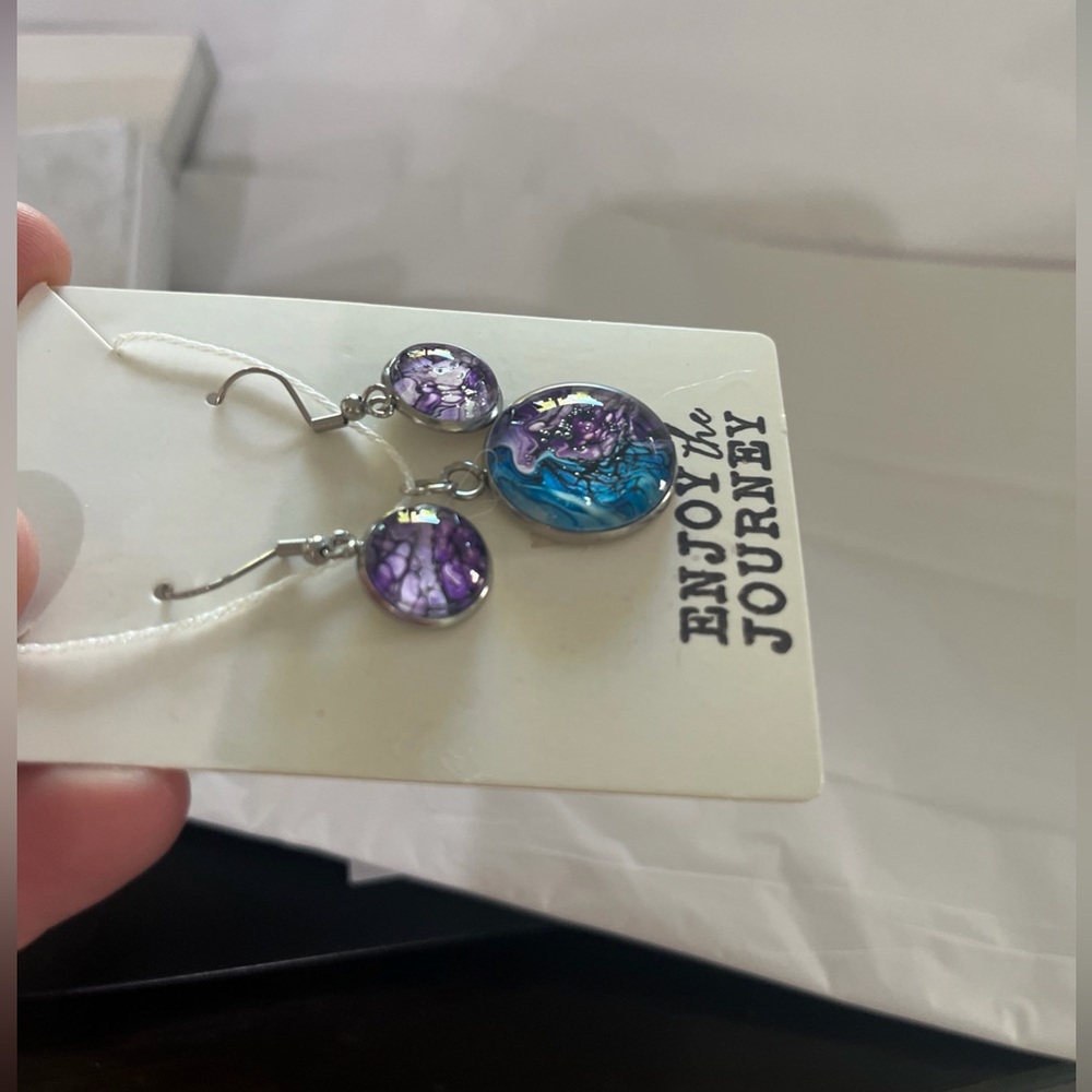 Purple and blue ‘ocean wave’ earrings and pendant set